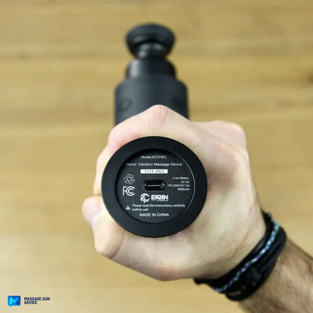 Ekrin Kestrel massage gun; Bottom View; usb port