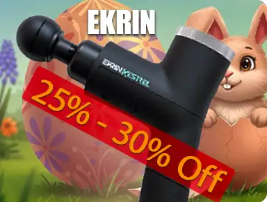 Ekrin Kestrel massage gun on an Easter background that has a bunny and an egg